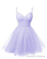 Womens V Neck Tulle Spaghetti Straps Lilac Homecoming Dresses with Corset Back Short Prom Gowns for Teens